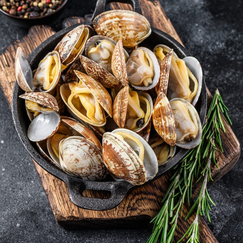 Cooked Clams vongole in a pan. Black background. Top view